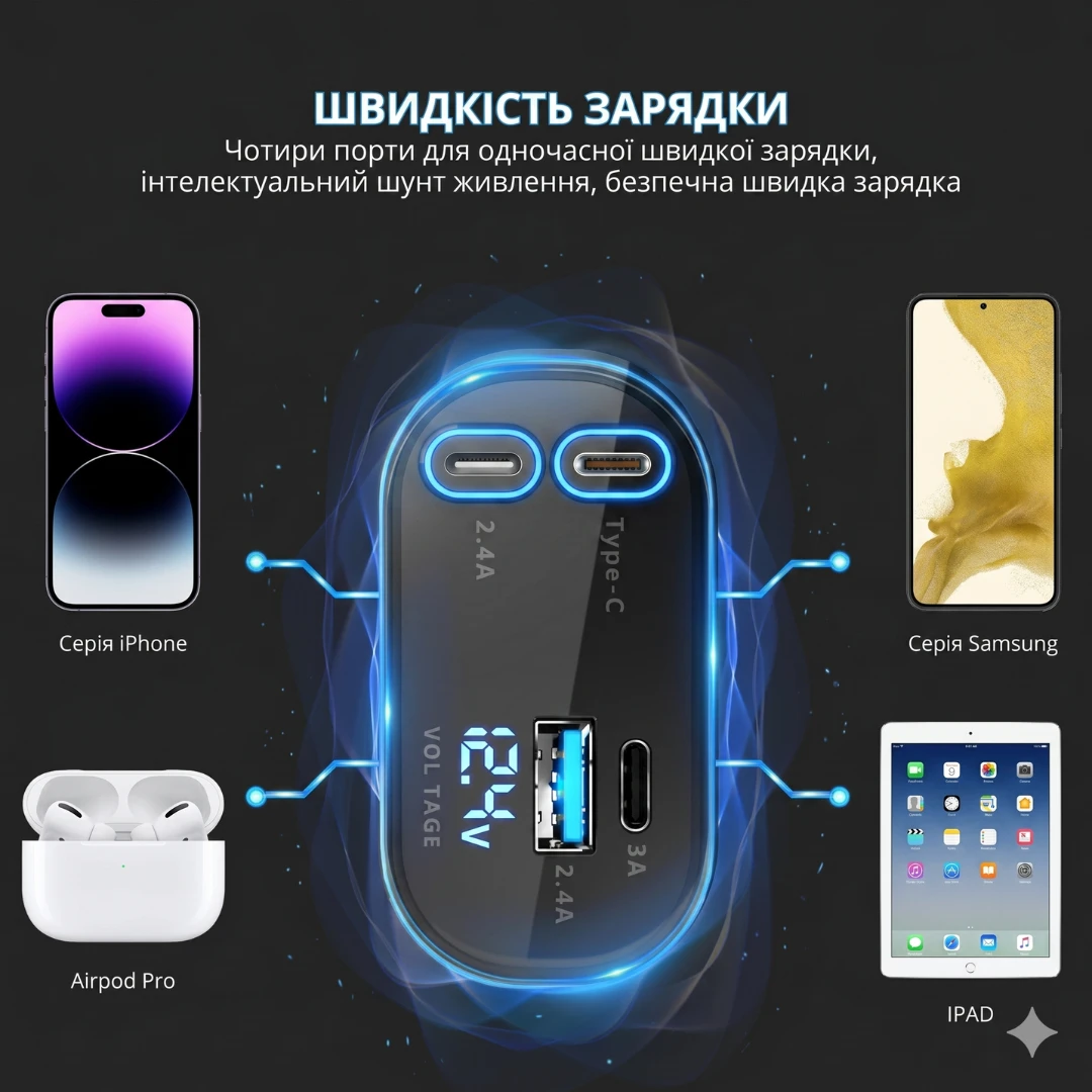 Автомобільний зарядний пристрій з висувними кабелями